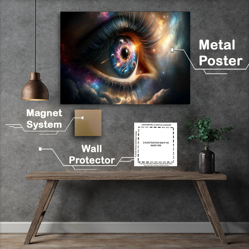Buy Metal Poster : (Eye reflecting a nebulous galaxy with stars and planets)