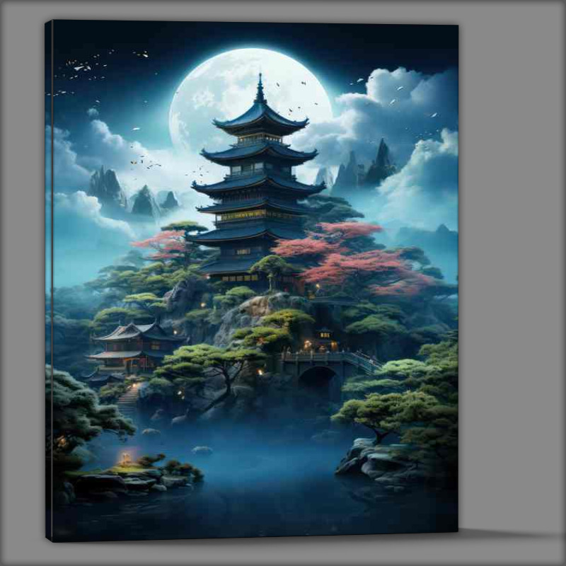 Buy Canvas : (Japanese castle over the moon nestled in trees)