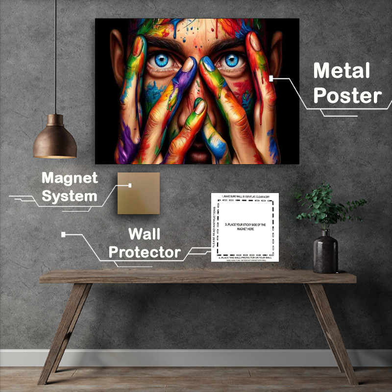 Buy Metal Poster : (Gaze peering through vibrant paint covered hands)