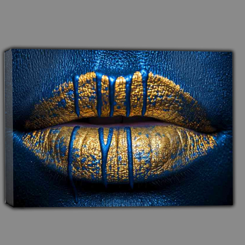 Buy Canvas : (Gold and blue drip lips bling in the style of surrea)