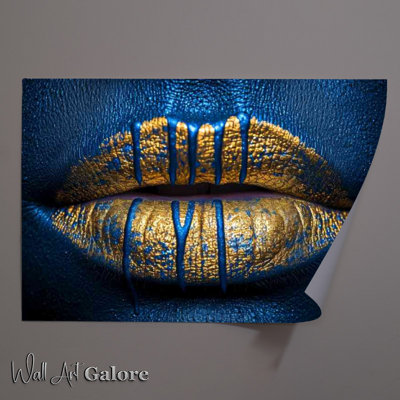 Buy Unframed Poster : (Gold and blue drip lips bling in the style of surrea)