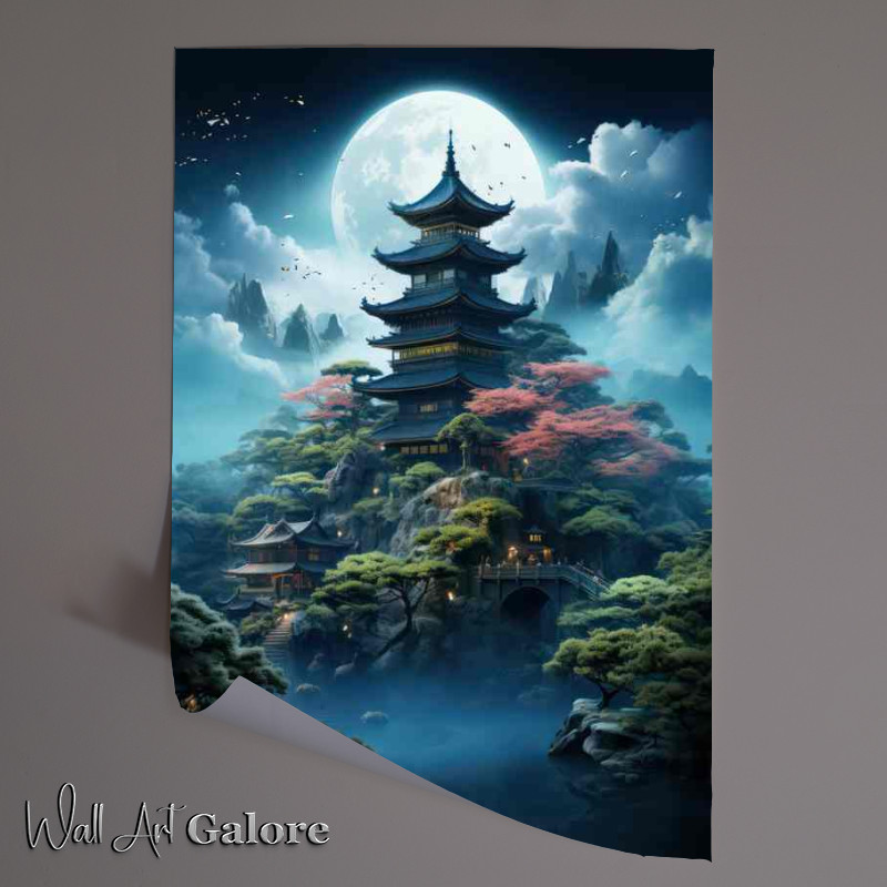 Buy Unframed Poster : (Japanese castle over the moon nestled in trees)