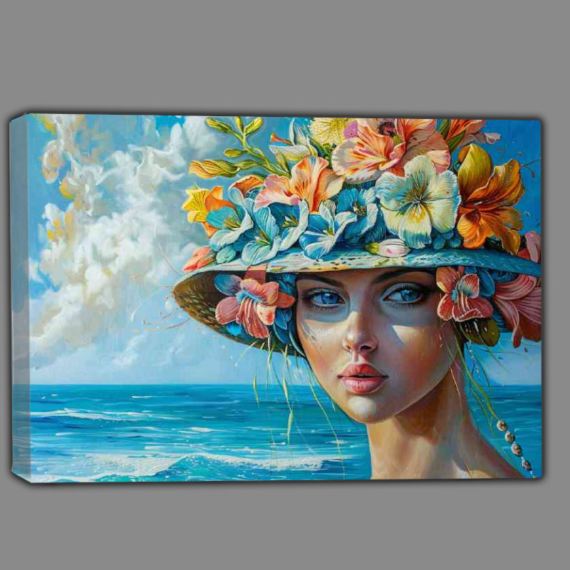 Buy Canvas : (Woman with flowers in her hat painting sea in background)