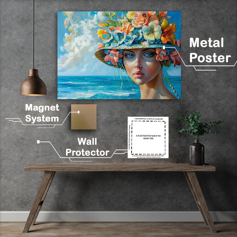 Buy Metal Poster : (Woman with flowers in her hat painting sea in background)