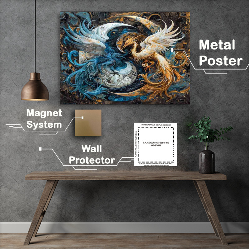 Buy Metal Poster : (Blue and white yin yang symbol with flying Birds)