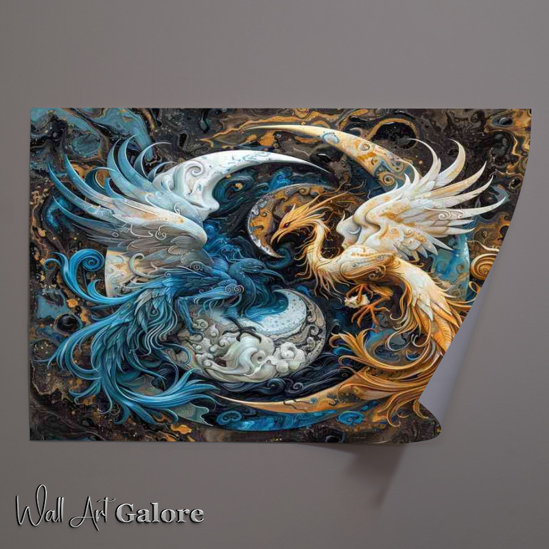 Buy Unframed Poster : (Blue and white yin yang symbol with flying Birds)