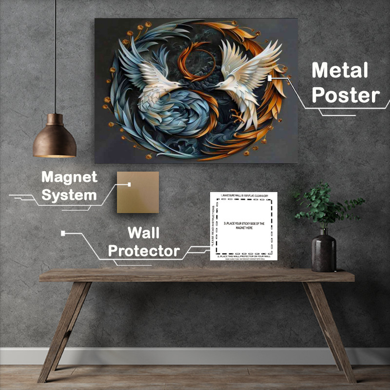 Buy Metal Poster : (Blue and white yin yang symbol with one flying bird)