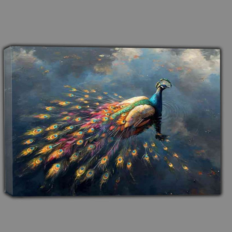 Buy Canvas : (Colourful peacock spread feathers with clouds)