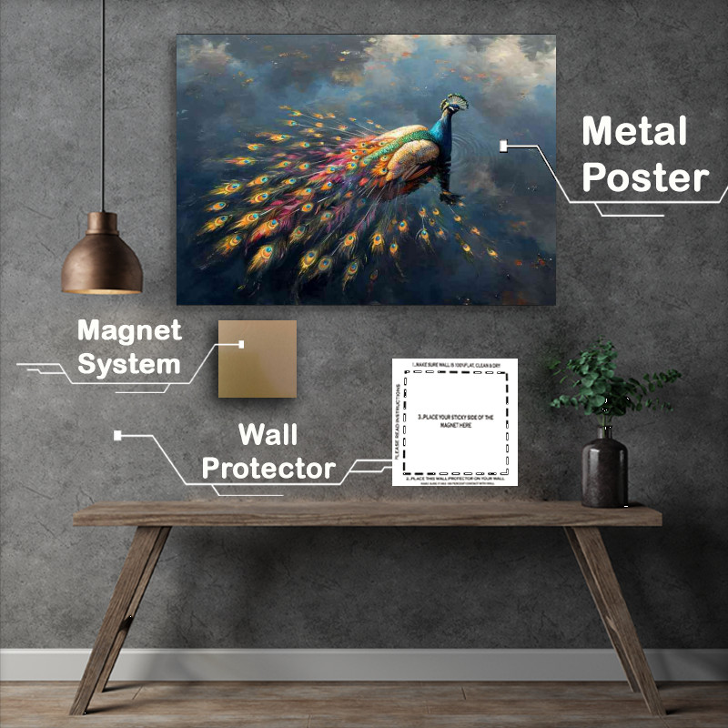 Buy Metal Poster : (Colourful peacock spread feathers with clouds)