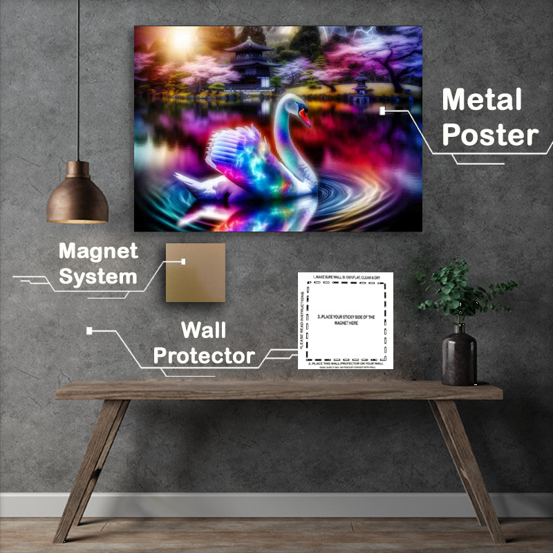 Buy Metal Poster : (Graceful Swan its feathers a spectrum of radiant light)