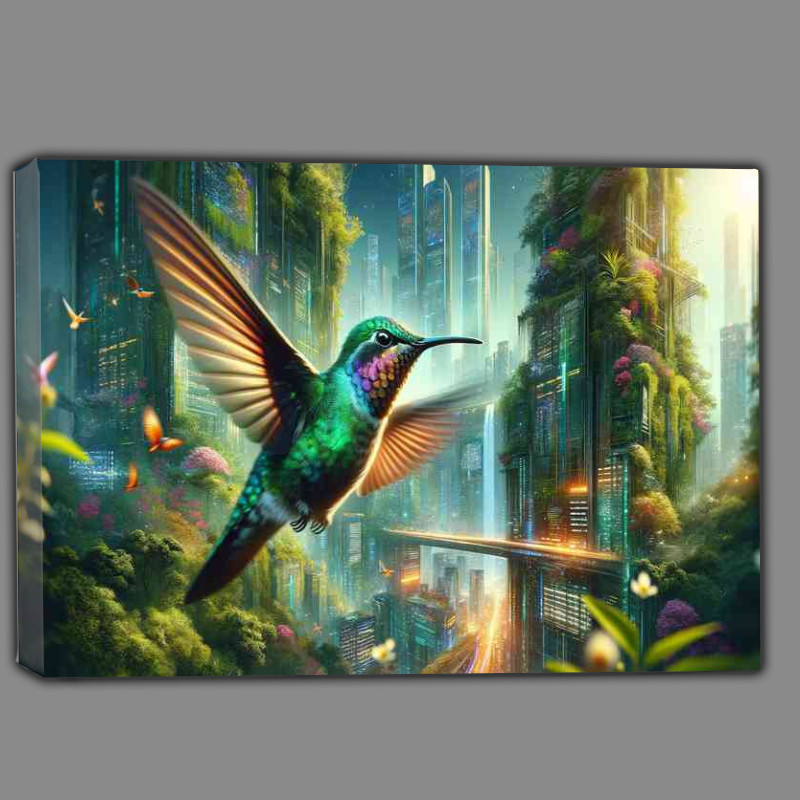 Buy Canvas : (Hummingbird in flight set against a futuristic city)