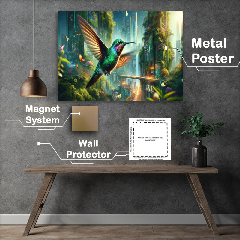 Buy Metal Poster : (Hummingbird in flight set against a futuristic city)