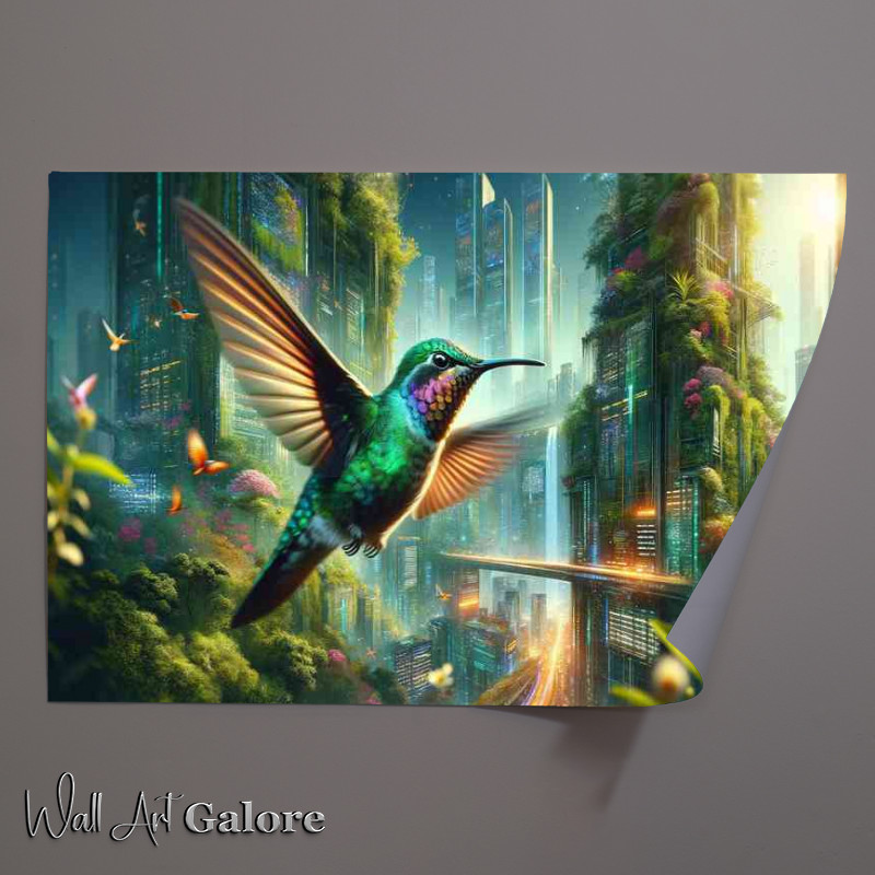Buy Unframed Poster : (Hummingbird in flight set against a futuristic city)