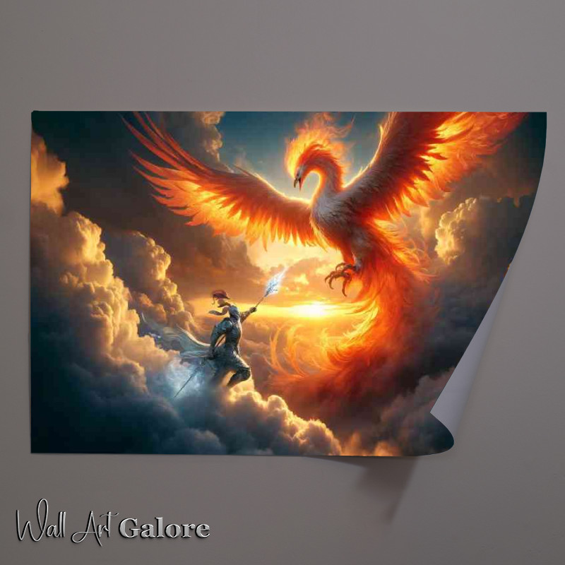 Buy Unframed Poster : (Knight battling a massive phoenix in the sky clouds swirling)