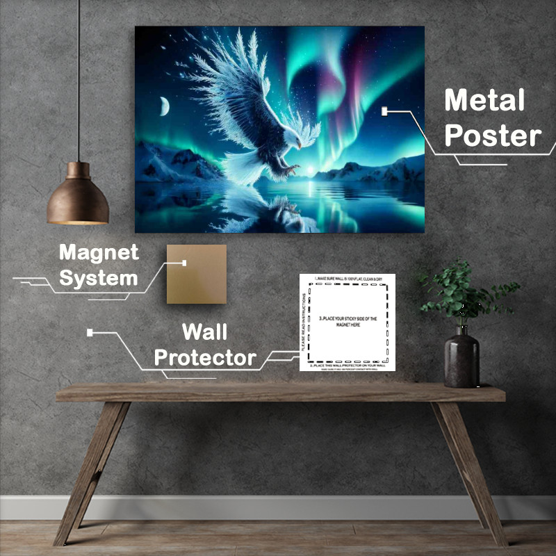 Buy Metal Poster : (Majestic Eagle feathers crystallized with frost soaring above an icy)