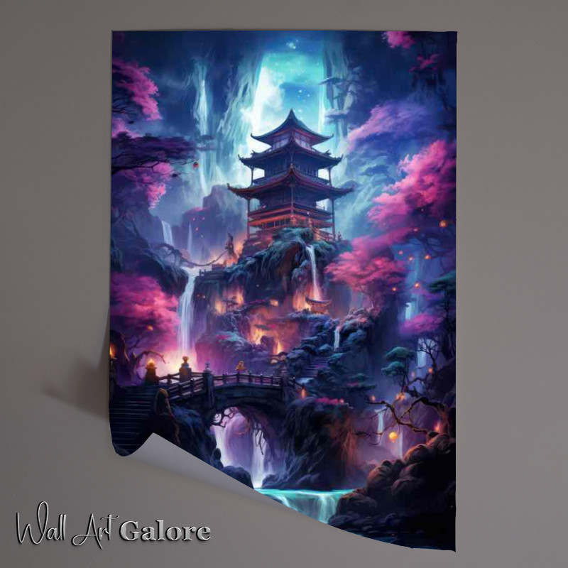 Buy Unframed Poster : (Japanese house with a bridge with a blue waterfall underneath)