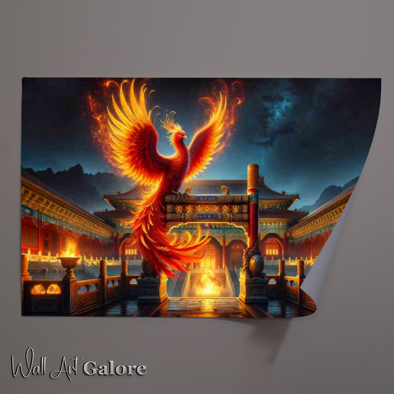 Buy Unframed Poster : (Majestic Phoenix perched atop a golden archway in a palace courtyard)