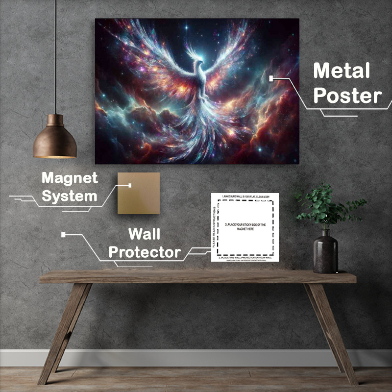Buy Metal Poster : (Phoenix made of shimmering glass and light rising from a nebula cloud)