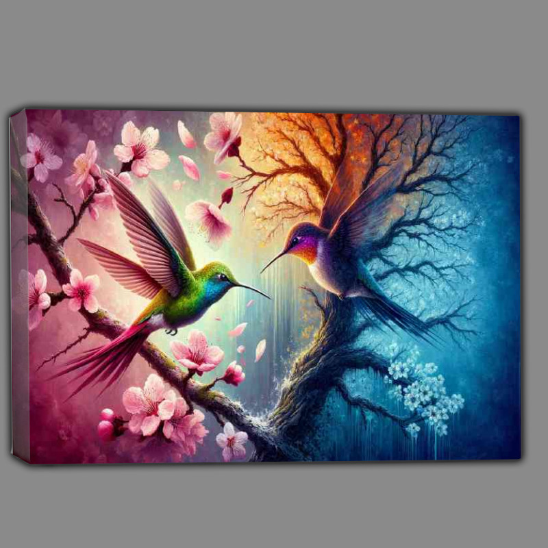Buy Canvas : (Two hummingbirds one radiating with vibrant spring colors)