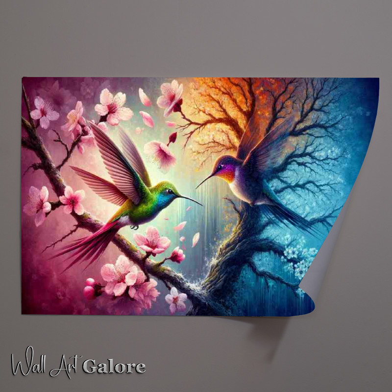 Buy Unframed Poster : (Two hummingbirds one radiating with vibrant spring colors)