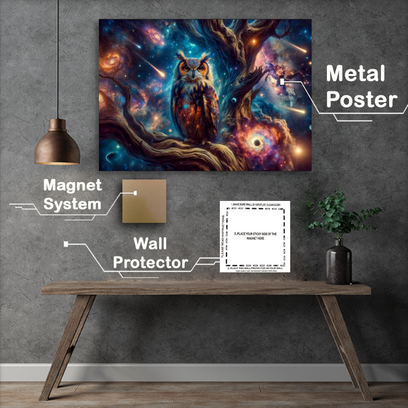 Buy Metal Poster : (wise owl its feathers a nebulous deep space)