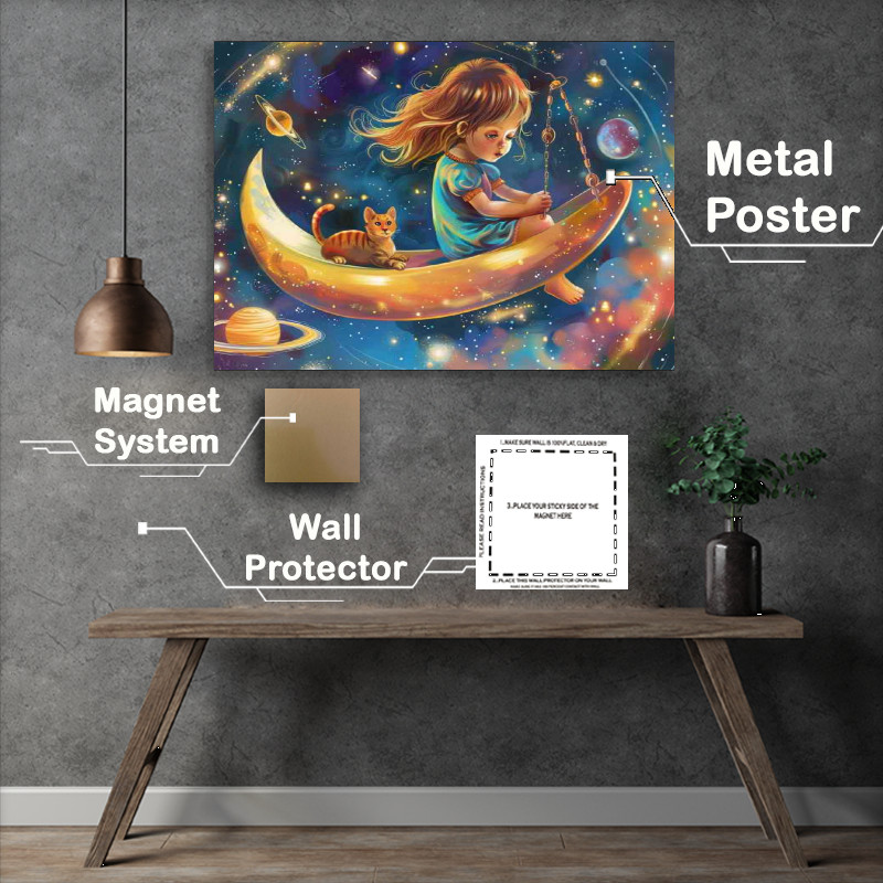 Buy Metal Poster : (A Little girl and cat playing in space)