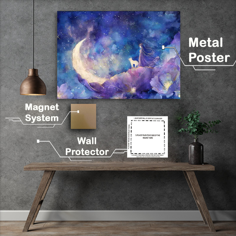 Buy Metal Poster : (A Whimsical waterlilly and the moon white cat)
