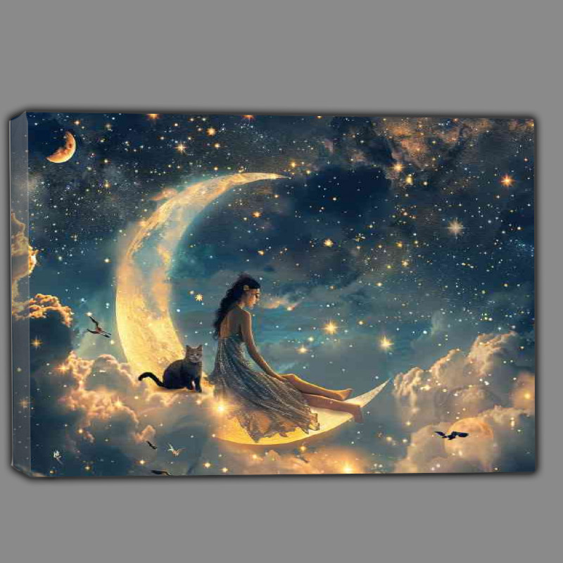 Buy Canvas : (A beautiful woman crescent moon and black cat)