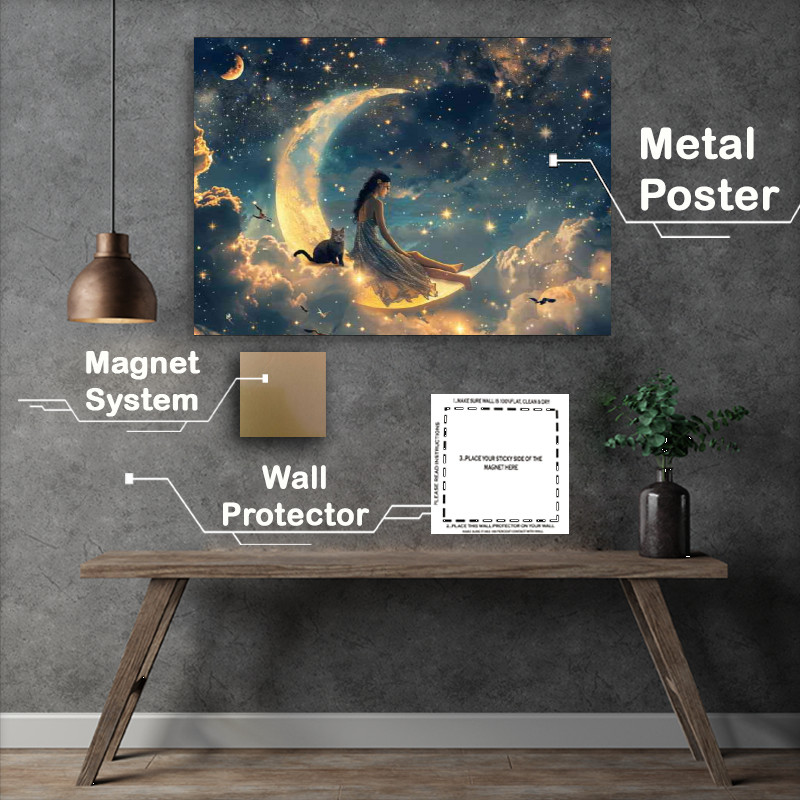Buy Metal Poster : (A beautiful woman crescent moon and black cat)