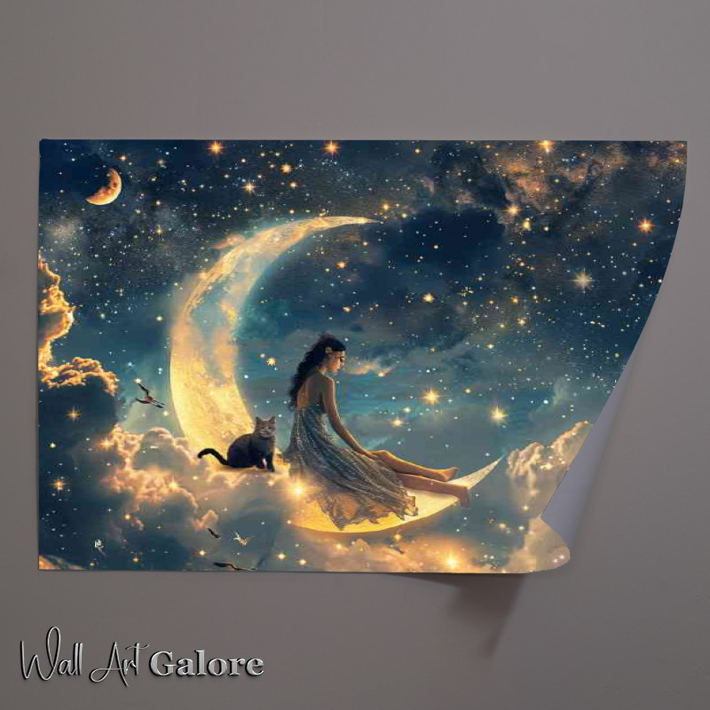 Buy Unframed Poster : (A beautiful woman crescent moon and black cat)