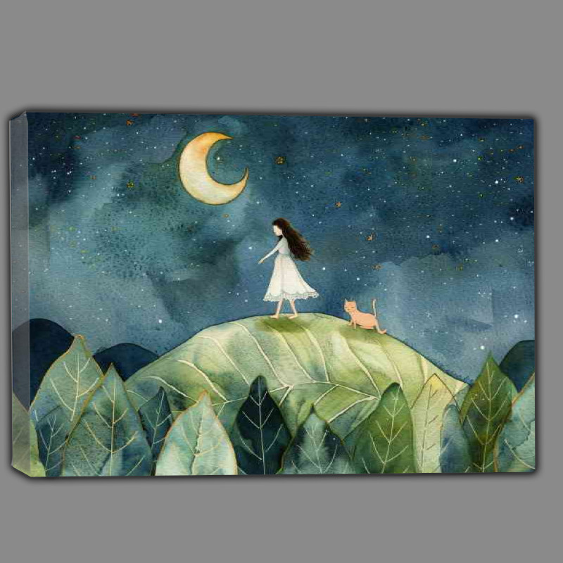 Buy Canvas : (A girl in a white dress and cat is standing on a giant leaf)