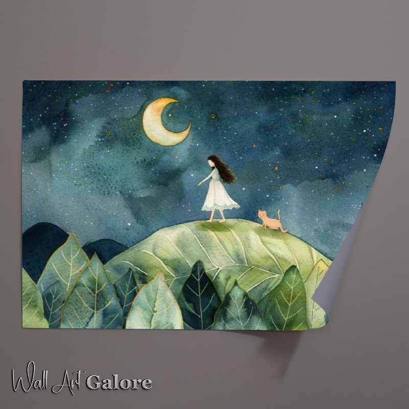 Buy Unframed Poster : (A girl in a white dress and cat is standing on a giant leaf)