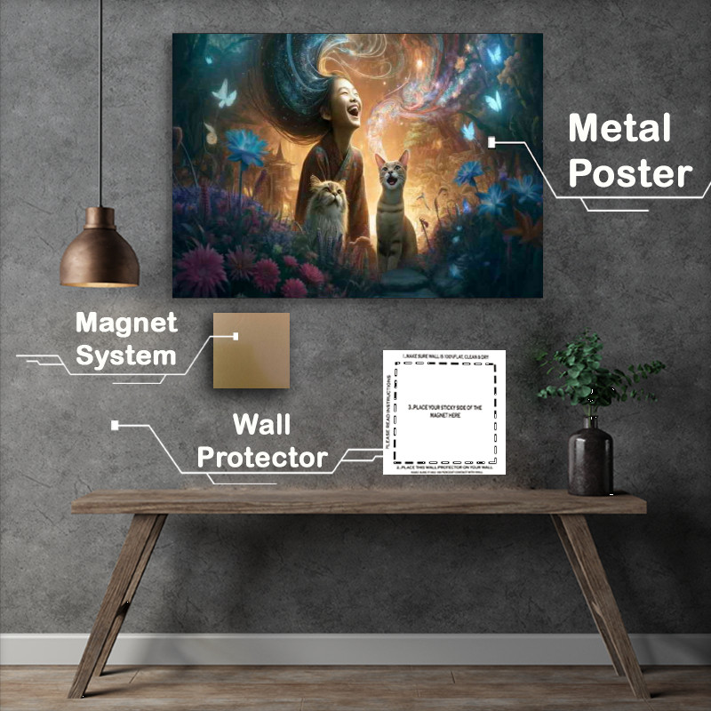 Buy Metal Poster : (A girl laughing with two cats in an enchanting environment)