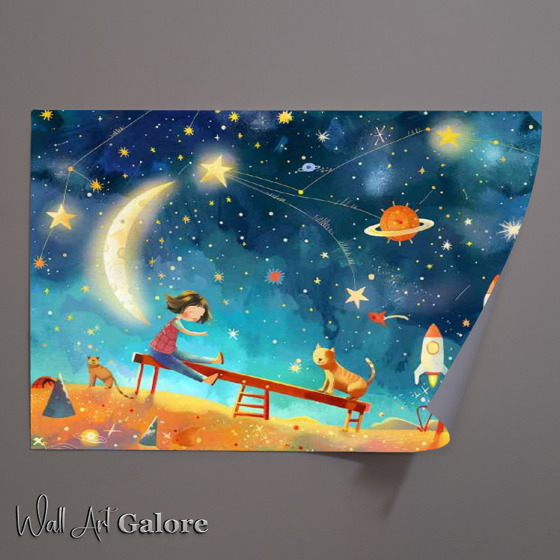 Buy Unframed Poster : (A little girl is sitting on the seesaw with her cat)