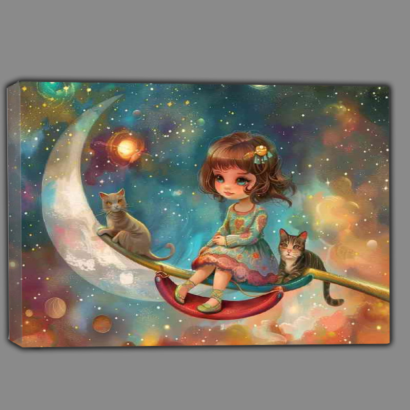 Buy Canvas : (A little girl with her cats is sitting on the moon)