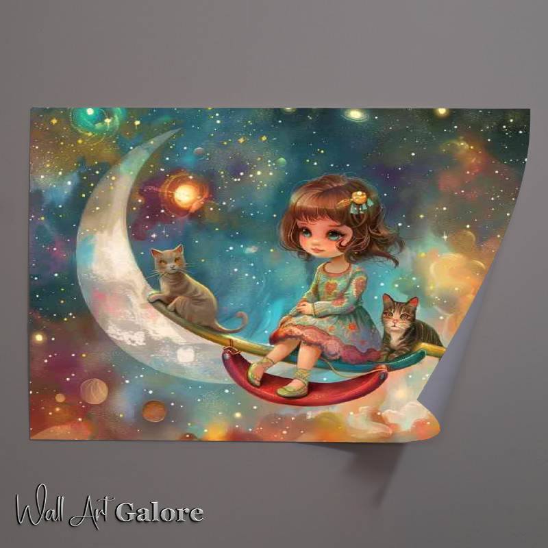 Buy Unframed Poster : (A little girl with her cats is sitting on the moon)