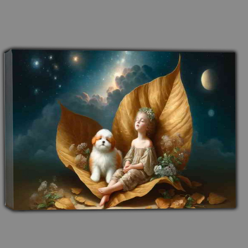 Buy Canvas : (A serene child with closed eyes seated on a giant gold leaf)