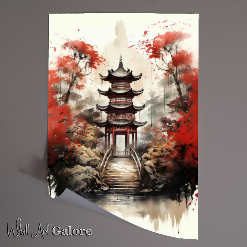 Buy Unframed Poster : (Japanese temple of tori gate watercolor artwork)