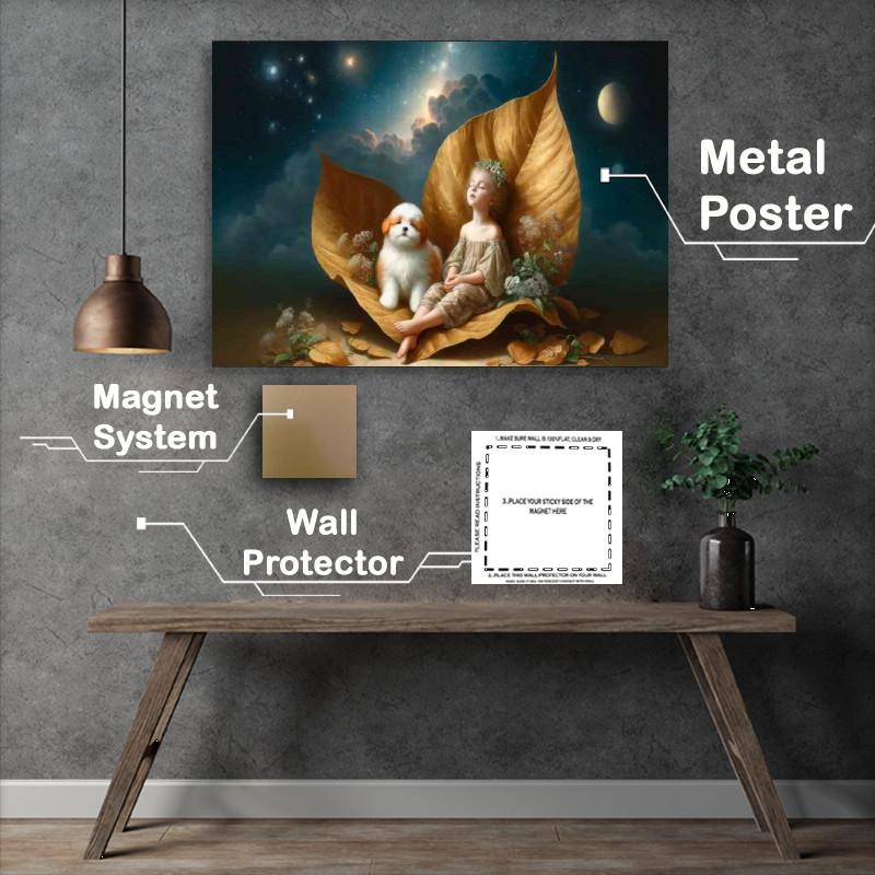 Buy Metal Poster : (A serene child with closed eyes seated on a giant gold leaf)