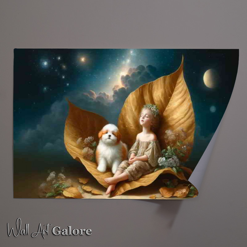 Buy Unframed Poster : (A serene child with closed eyes seated on a giant gold leaf)