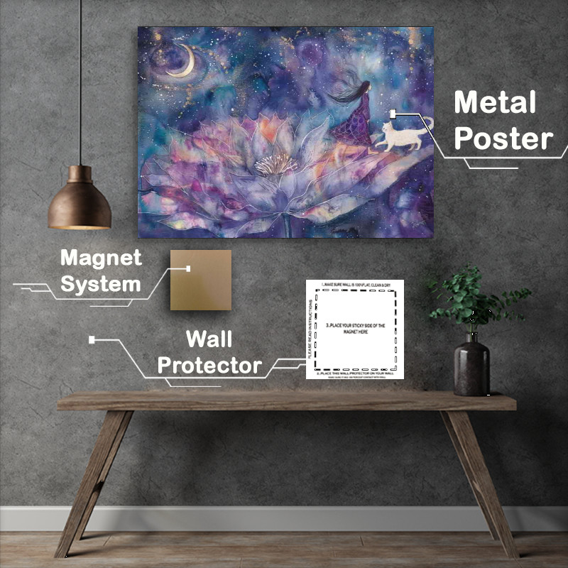 Buy Metal Poster : (A whimsical water lilly on in the sky white cat)