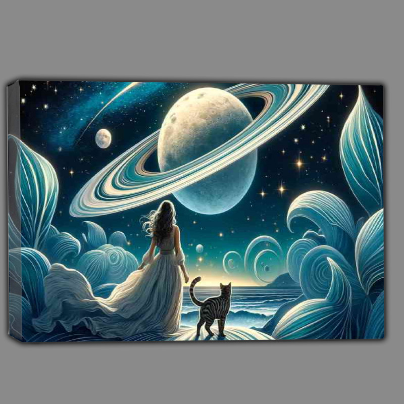 Buy Canvas : (A woman and cat in a flowing dress her gaze fixed on the planets)