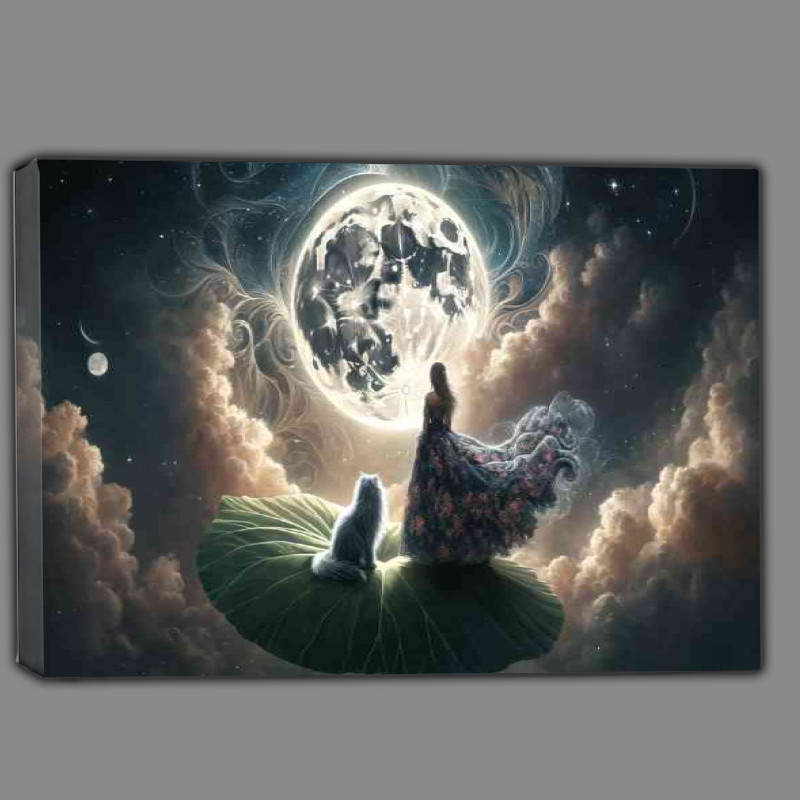Buy Canvas : (A woman in a floral gown stands on a giant ledge with cat)