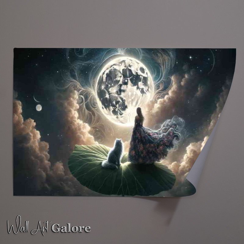 Buy Unframed Poster : (A woman in a floral gown stands on a giant ledge with cat)