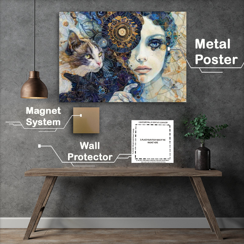 Buy Metal Poster : (A woman with a cat next to her face in an abstract style)