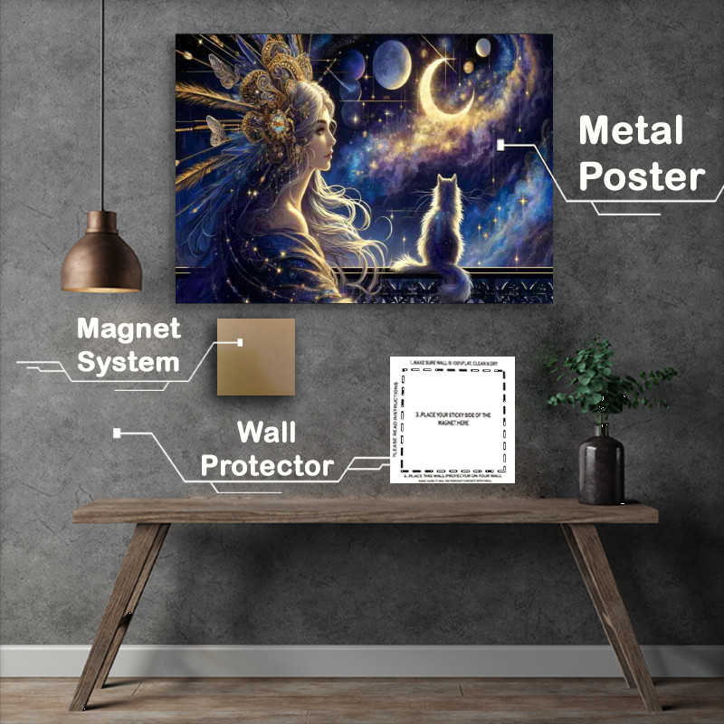 Buy Metal Poster : (A woman with flowing hair gazing into the distance with cat)