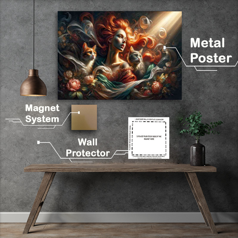 Buy Metal Poster : (A woman with vibrant red hair and two cats)