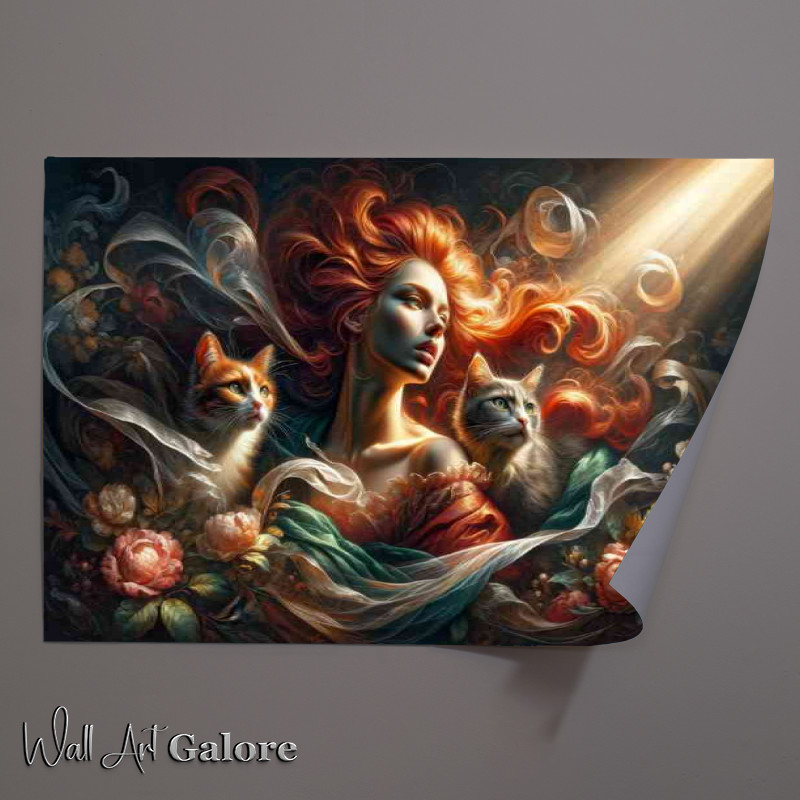 Buy Unframed Poster : (A woman with vibrant red hair and two cats)