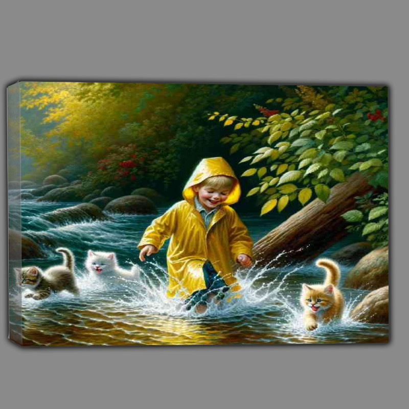 Buy Canvas : (A young child in a yellow raincoat splashing in a creek)