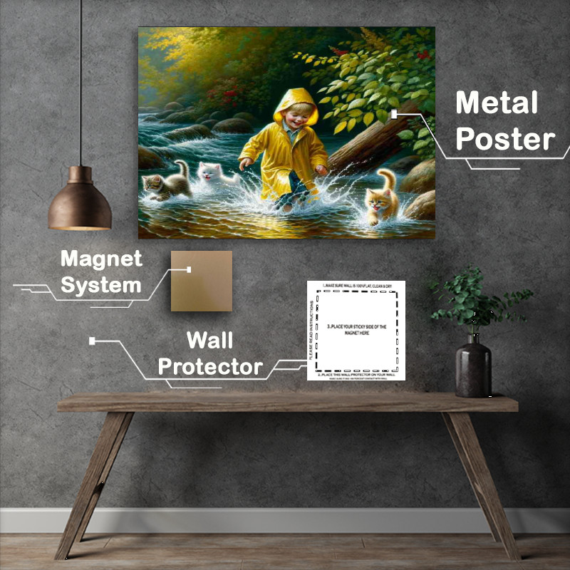 Buy Metal Poster : (A young child in a yellow raincoat splashing in a creek)